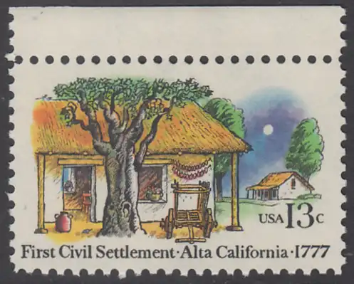 USA Michel 1311 / Scott 1725 postfrisch EINZELMARKE RAND oben - 200. Jahrestag der ersten zivilen Niederlassung in Kalifornien; Farmhäuser in Alta California 