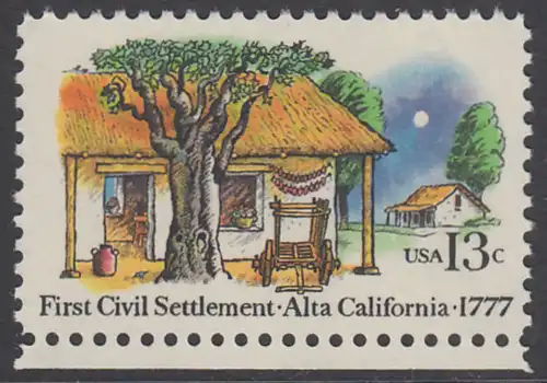 USA Michel 1311 / Scott 1725 postfrisch EINZELMARKE RAND unten - 200. Jahrestag der ersten zivilen Niederlassung in Kalifornien; Farmhäuser in Alta California 