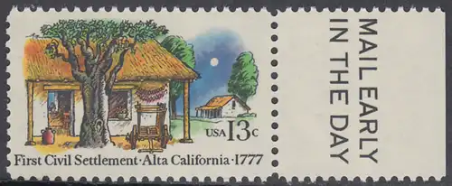USA Michel 1311 / Scott 1725 postfrisch EINZELMARKE RAND rechts m/ Mail Early-Vermerk - 200. Jahrestag der ersten zivilen Niederlassung in Kalifornien; Farmhäuser in Alta California 