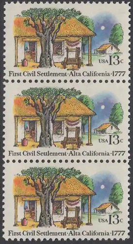 USA Michel 1311 / Scott 1725 postfrisch vert.STRIP(3) - 200. Jahrestag der ersten zivilen Niederlassung in Kalifornien; Farmhäuser in Alta California 