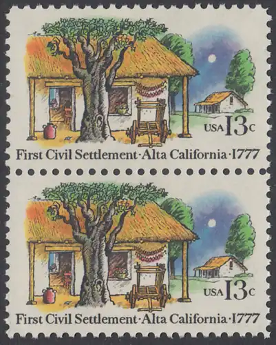 USA Michel 1311 / Scott 1725 postfrisch vert.PAAR - 200. Jahrestag der ersten zivilen Niederlassung in Kalifornien; Farmhäuser in Alta California 