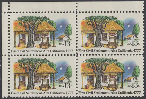 USA Michel 1311 / Scott 1725 postfrisch BLOCK ECKRAND oben links - 200. Jahrestag der ersten zivilen Niederlassung in Kalifornien; Farmhäuser in Alta California 