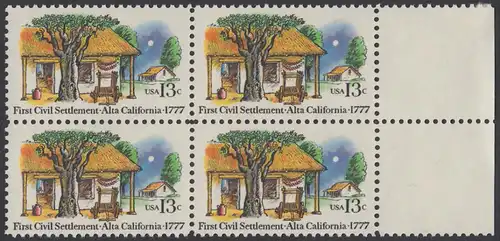 USA Michel 1311 / Scott 1725 postfrisch BLOCK RÄNDER rechts - 200. Jahrestag der ersten zivilen Niederlassung in Kalifornien; Farmhäuser in Alta California 