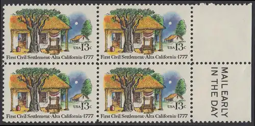 USA Michel 1311 / Scott 1725 postfrisch BLOCK RÄNDER rechts m/ Mail Early-Vermerk - 200. Jahrestag der ersten zivilen Niederlassung in Kalifornien; Farmhäuser in Alta California 