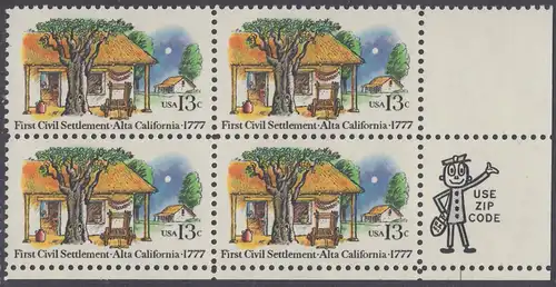 USA Michel 1311 / Scott 1725 postfrisch ZIP-BLOCK (lr) - 200. Jahrestag der ersten zivilen Niederlassung in Kalifornien; Farmhäuser in Alta California 