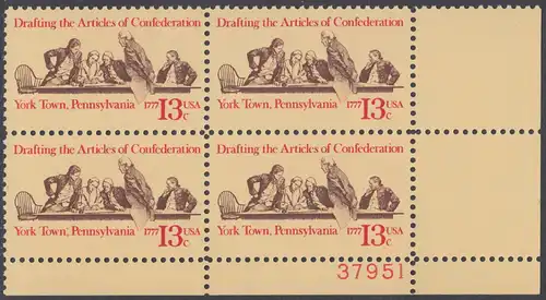 USA Michel 1312 / Scott 1726 postfrisch PLATEBLOCK ECKRAND unten rechts m/ Platten-# 37951 - Unabhängigkeit der Vereinigten Staaten von Amerika: 200. Jahrestag der Unterzeichnung der Bündnisvereinbarungen des amerikanischen Bundes, Mitglieder des...