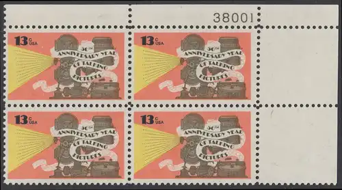 USA Michel 1313 / Scott 1727 postfrisch PLATEBLOCK ECKRAND oben rechts m/ Platten-# 38001 (b) - 50 Jahre Tonfilme: Tonfilmprojektor 