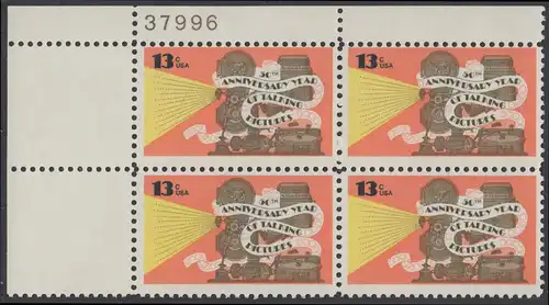 USA Michel 1313 / Scott 1727 postfrisch PLATEBLOCK ECKRAND oben links m/ Platten-# 37996 - 50 Jahre Tonfilme: Tonfilmprojektor 