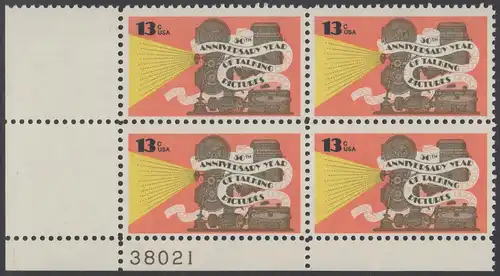 USA Michel 1313 / Scott 1727 postfrisch PLATEBLOCK ECKRAND unten links m/ Platten-# 38021 - 50 Jahre Tonfilme: Tonfilmprojektor 