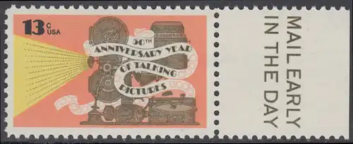 USA Michel 1313 / Scott 1727 postfrisch EINZELMARKE RAND rechts m/ Mail Early-Vermerk - 50 Jahre Tonfilme: Tonfilmprojektor 