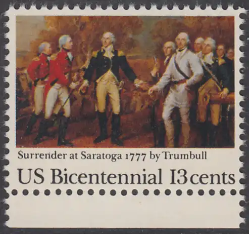 USA Michel 1314 / Scott 1728 postfrisch EINZELMARKE RAND unten - Unabhängigkeit der Vereinigten Staaten von Amerika: 200. Jahrestag der Schlacht von Saratoga, Übergabe des britischen Generals John Burgoyne an General Horatio Gates in Saratoga (1777)