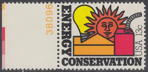 USA Michel 1315 / Scott 1723 postfrisch EINZELMARKE RAND links m/ Platten-# 38096 - Energieprogramm: „Energy Conservation“