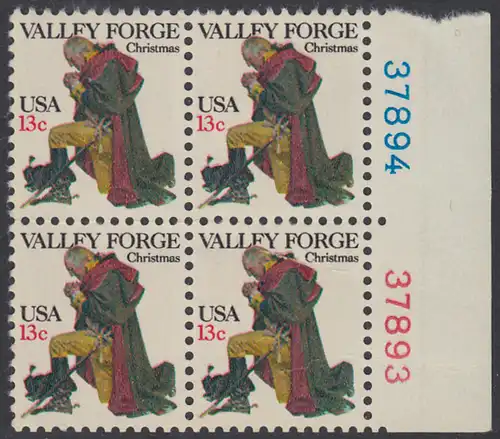 USA Michel 1317 / Scott 1729 postfrisch BLOCK RÄNDER rechts m/ Platten-# 37894 - Weihnachten: General George Washington beim Gebet in Valley Forge