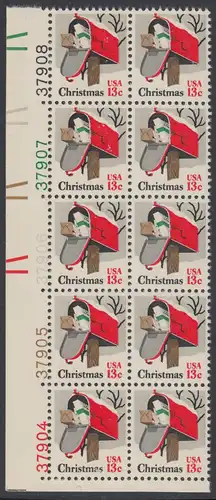 USA Michel 1318 / Scott 1730 postfrisch vert.PLATEBLOCK(10) ECKRAND unten links m/ Platten-# 37904 - Weihnachten: Briefkasten