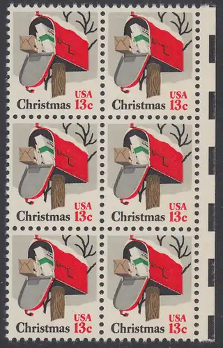 USA Michel 1318 / Scott 1730 postfrisch vert.BLOCK(6) RÄNDER rechts - Weihnachten: Briefkasten