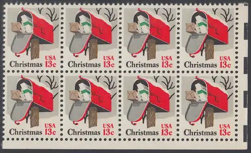 USA Michel 1318 / Scott 1730 postfrisch horiz.BLOCK(8) ECKRAND unten rechts - Weihnachten: Briefkasten