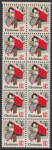 USA Michel 1318 / Scott 1730 postfrisch vert.BLOCK(10) RÄNDER oben - Weihnachten: Briefkasten
