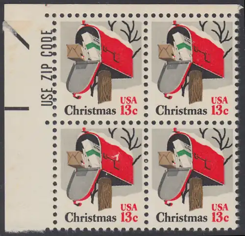 USA Michel 1318 / Scott 1730 postfrisch ZIP-BLOCK (ul) - Weihnachten: Briefkasten