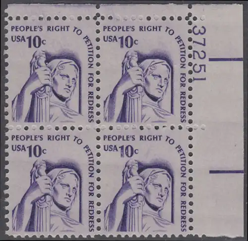 USA Michel 1319 / Scott 1592 postfrisch PLATEBLOCK ECKRAND oben rechts m/ Platten-# 37251 (b) - Americana-Ausgabe: Betrachtung der Gerechtigkeit; Statue von James Earle Fraser 