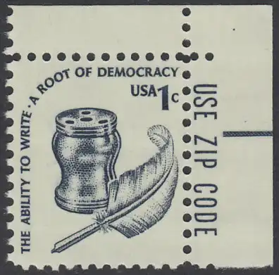 USA Michel 1320 / Scott 1581 postfrisch EINZELMARKE ECKRAND oben rechts m/ ZIP-Vermerk - Americana-Ausgabe: Tintenfass und Federkiel im Kolonialstil 