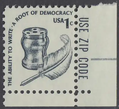 USA Michel 1320 / Scott 1581 postfrisch EINZELMARKE ECKRAND unten rechts m/ ZIP-Vermerk - Americana-Ausgabe: Tintenfass und Federkiel im Kolonialstil 