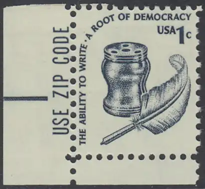 USA Michel 1320 / Scott 1581 postfrisch EINZELMARKE ECKRAND unten links m/ ZIP-Vermerk (a2) - Americana-Ausgabe: Tintenfass und Federkiel im Kolonialstil 