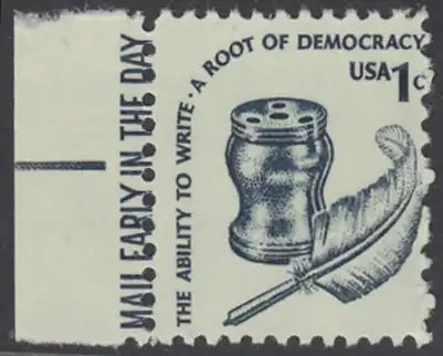USA Michel 1320 / Scott 1581 postfrisch EINZELMARKE RAND links m/ Mail Early-Vermerk - Americana-Ausgabe: Tintenfass und Federkiel im Kolonialstil 