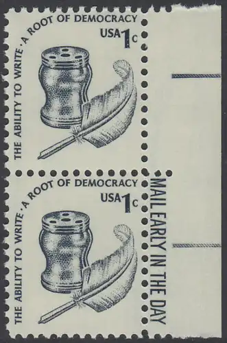 USA Michel 1320 / Scott 1581 postfrisch vert.PAAR RÄNDER rechts m/ Mail Early-Vermerk - Americana-Ausgabe: Tintenfass und Federkiel im Kolonialstil 