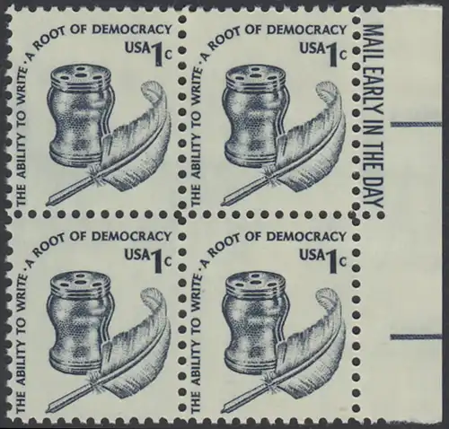 USA Michel 1320 / Scott 1581 postfrisch BLOCK RÄNDER rechts m/ Mail Early-Vermerk - Americana-Ausgabe: Tintenfass und Federkiel im Kolonialstil 