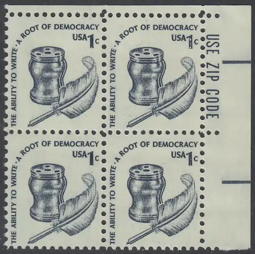 USA Michel 1320 / Scott 1581 postfrisch ZIP-BLOCK (ur) - Americana-Ausgabe: Tintenfass und Federkiel im Kolonialstil 