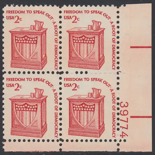 USA Michel 1321 / Scott 1582 postfrisch PLATEBLOCK ECKRAND unten rechts m/ Platten-# 39774 - Americana-Ausgabe: Rednerpult