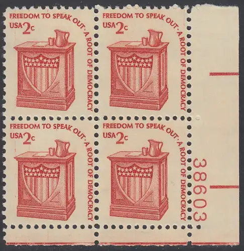 USA Michel 1321 / Scott 1582 postfrisch PLATEBLOCK ECKRAND unten rechts m/ Platten-# 38603 - Americana-Ausgabe: Rednerpult