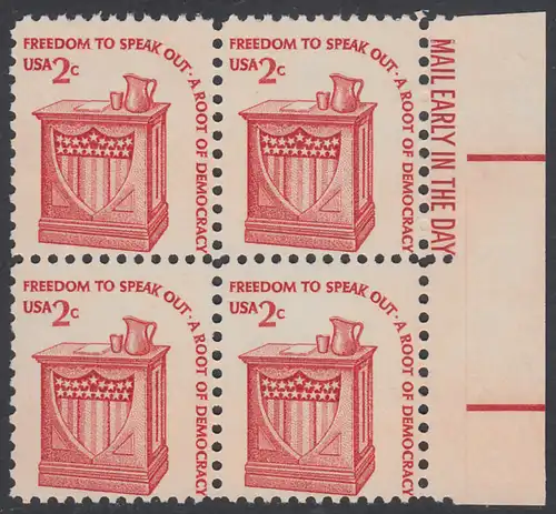 USA Michel 1321 / Scott 1582 postfrisch BLOCK RÄNDER rechts m/ Mail Early-Vermerk - Americana-Ausgabe: Rednerpult