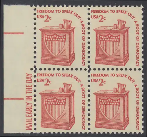 USA Michel 1321 / Scott 1582 postfrisch BLOCK RÄNDER links m/ Mail Early-Vermerk - Americana-Ausgabe: Rednerpult