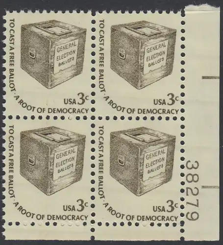 USA Michel 1322 / Scott 1584 postfrisch PLATEBLOCK ECKRAND unten rechts m/ Platten-# 38279 - Americana-Ausgabe: Wahlurne