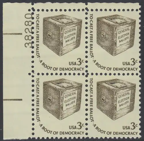 USA Michel 1322 / Scott 1584 postfrisch PLATEBLOCK ECKRAND oben links m/ Platten-# 38280 - Americana-Ausgabe: Wahlurne