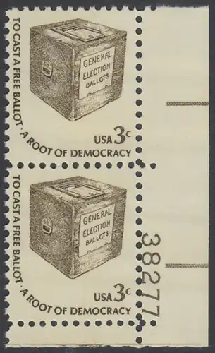 USA Michel 1322 / Scott 1584 postfrisch vert.PAAR ECKRAND unten rechts m/ Platten-# 38277 - Americana-Ausgabe: Wahlurne