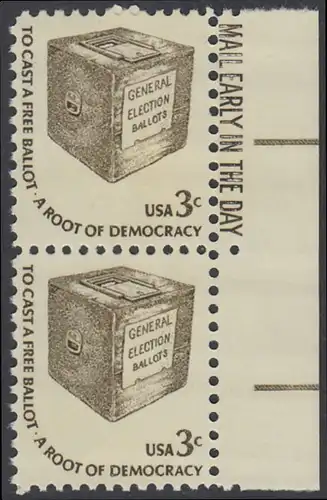 USA Michel 1322 / Scott 1584 postfrisch vert.PAAR RÄNDER rechts m/ Mail Early-Vermerk - Americana-Ausgabe: Wahlurne