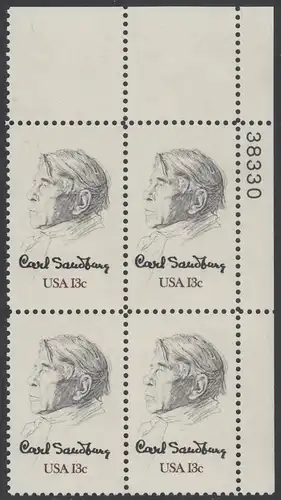 USA Michel 1324 / Scott 1731 postfrisch PLATEBLOCK ECKRAND oben rechts m/ Platten-# 38330 - Carl Sandburg, Dichter