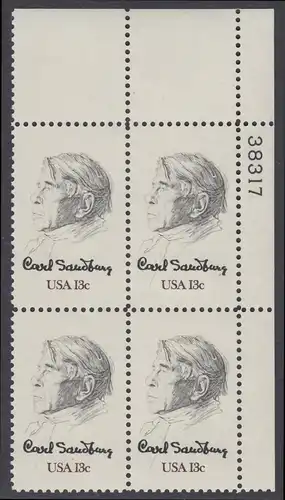 USA Michel 1324 / Scott 1731 postfrisch PLATEBLOCK ECKRAND oben rechts m/ Platten-# 38317 - Carl Sandburg, Dichter