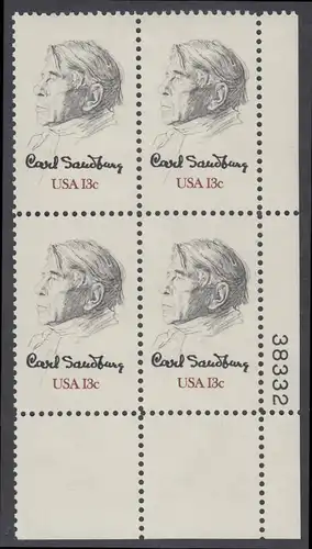 USA Michel 1324 / Scott 1731 postfrisch PLATEBLOCK ECKRAND unten rechts m/ Platten-# 38332 - Carl Sandburg, Dichter