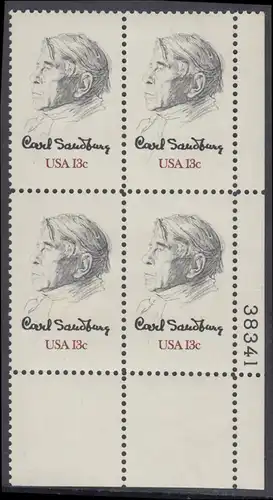 USA Michel 1324 / Scott 1731 postfrisch PLATEBLOCK ECKRAND unten rechts m/ Platten-# 38341 - Carl Sandburg, Dichter