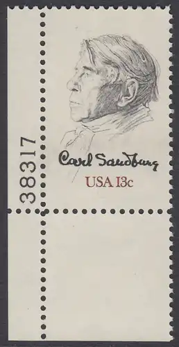 USA Michel 1324 / Scott 1731 postfrisch EINZELMARKE ECKRAND unten links m/ Platten-# 38317 - Carl Sandburg, Dichter