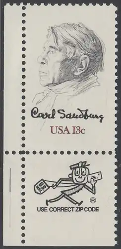 USA Michel 1324 / Scott 1731 postfrisch EINZELMARKE ECKRAND unten links m/ ZIP-Emblem - Carl Sandburg, Dichter