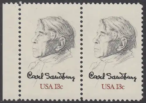 USA Michel 1324 / Scott 1731 postfrisch horiz.PAAR RAND links - Carl Sandburg, Dichter