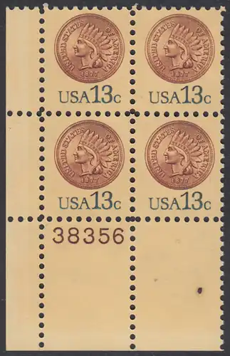 USA Michel 1325 / Scott 1734 postfrisch PLATEBLOCK ECKRAND unten links m/ Platten-# 38356 - 1-Cent-Münze von 1877 (Indian Head Penny)
