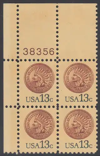 USA Michel 1325 / Scott 1734 postfrisch PLATEBLOCK ECKRAND oben links m/ Platten-# 38356 - 1-Cent-Münze von 1877 (Indian Head Penny)