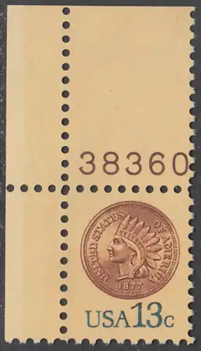 USA Michel 1325 / Scott 1734 postfrisch EINZELMARKE ECKRAND oben links m/ Platten-# 38360 - 1-Cent-Münze von 1877 (Indian Head Penny)