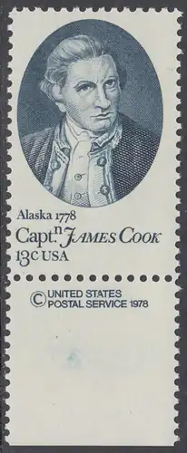 USA Michel 1326 / Scott 1732 postfrisch EINZELMARKE RAND unten m/ copyright symbol - 200. Jahrestag der Landung von Kapitän Cook in Alaska und Hawaii; James Cook, Weltumsegler