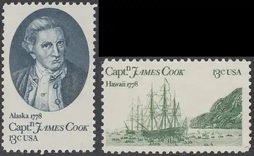 USA Michel 1326-1327 / Scott 1732-1733 postfrisch SATZ(2)  EINZELMARKEN (a1) - 200. Jahrestag der Landung von Kapitän Cook in Alaska und Hawaii; James Cook, Weltumsegler / HMS „Resolution“ und HMS „Endeavour“